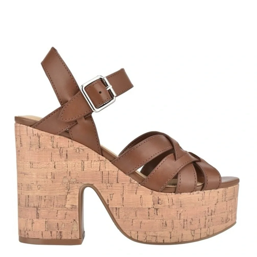 NINE WEST CHEERS Brown Leather Cork Platform Sandals